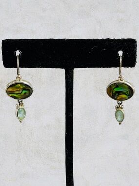 Vintage Sterling Silver Abalone Blue Topaz Dangle Earrings Oval Stone Hook Close